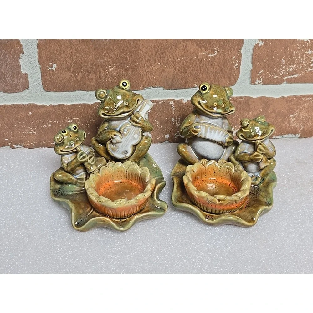 Frogs Toads Votive Candle‎ Holder Playing Instruments on Lily Pad Ceramic Lot 2
